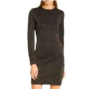 NEW Veronica Beard Sharon Black And Gold Metallic BodyCon Crewneck Sweater Dress